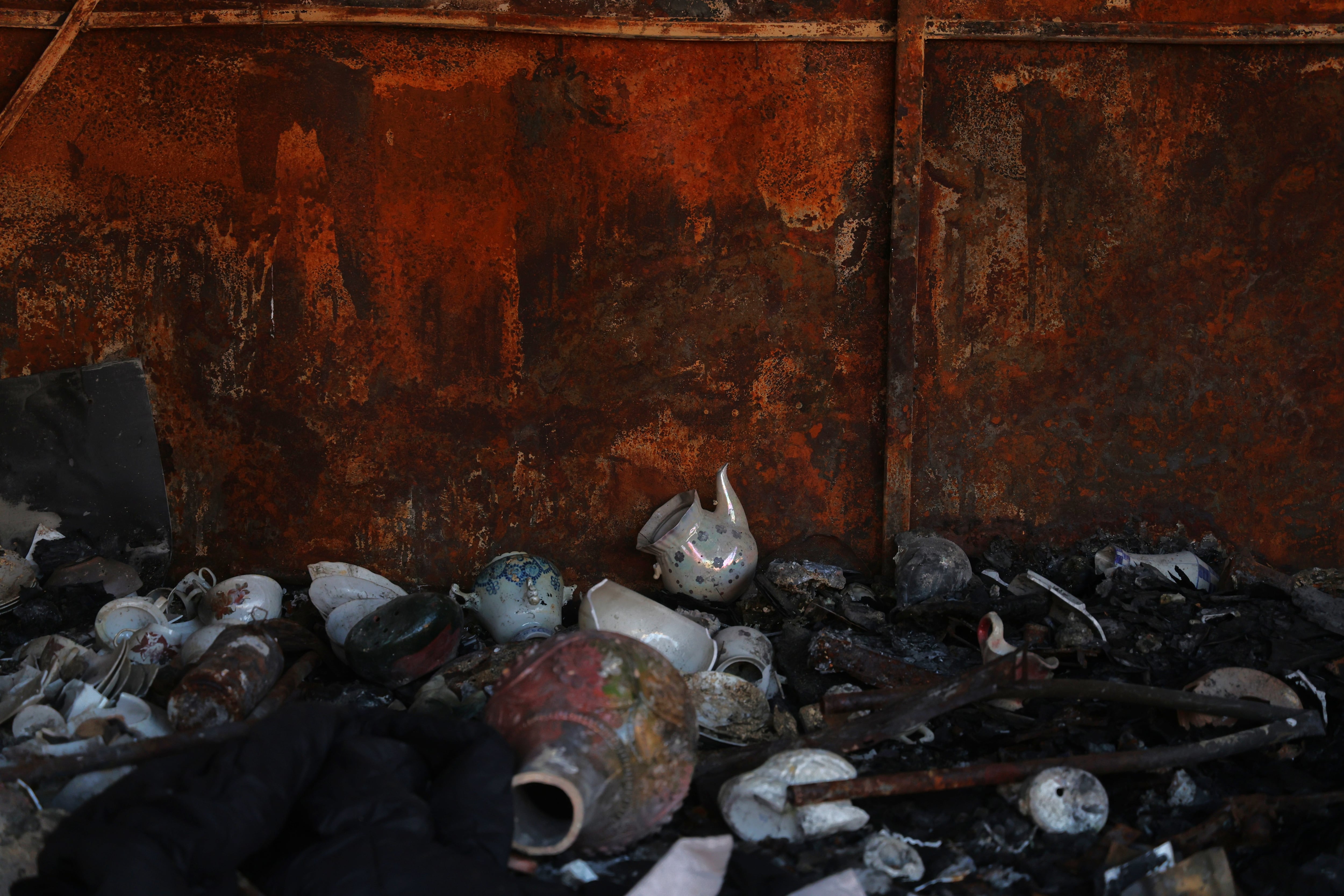 Porcelain shards at a stall in the Pochiana flea market, which was attacked by the Russians three times this summer.