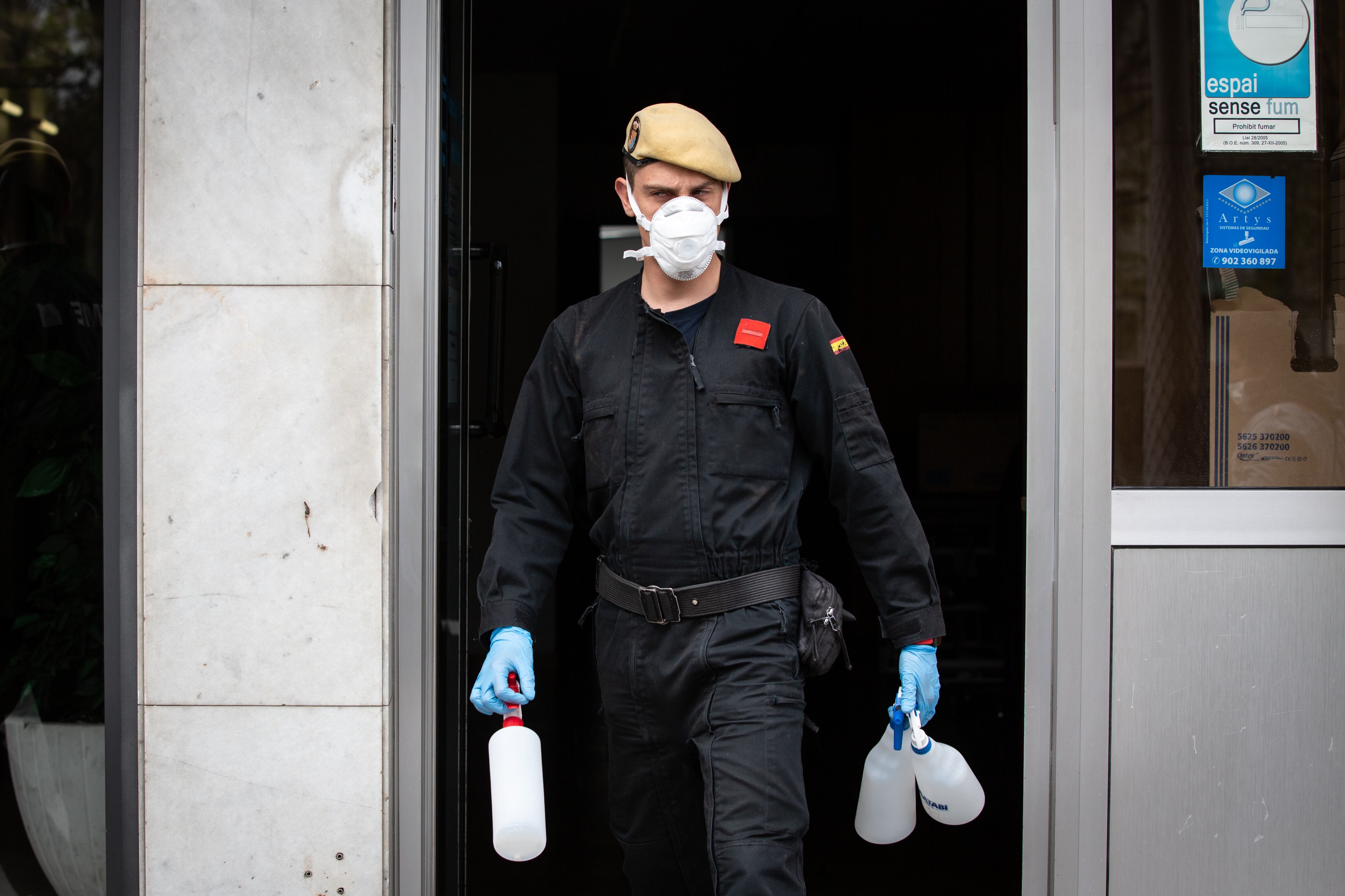 A member of the Spanish military disinfecting a senior home in Barcelona on Friday. 