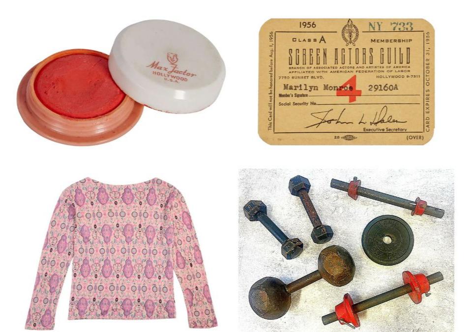 Four items belonging to Marilyn Monroe sold at Julien's Auction on June 4, 2026, in Los Angeles. Top: lipstick and Screen Actors Guild card. Bottom: Pucci blouse and workout weights.