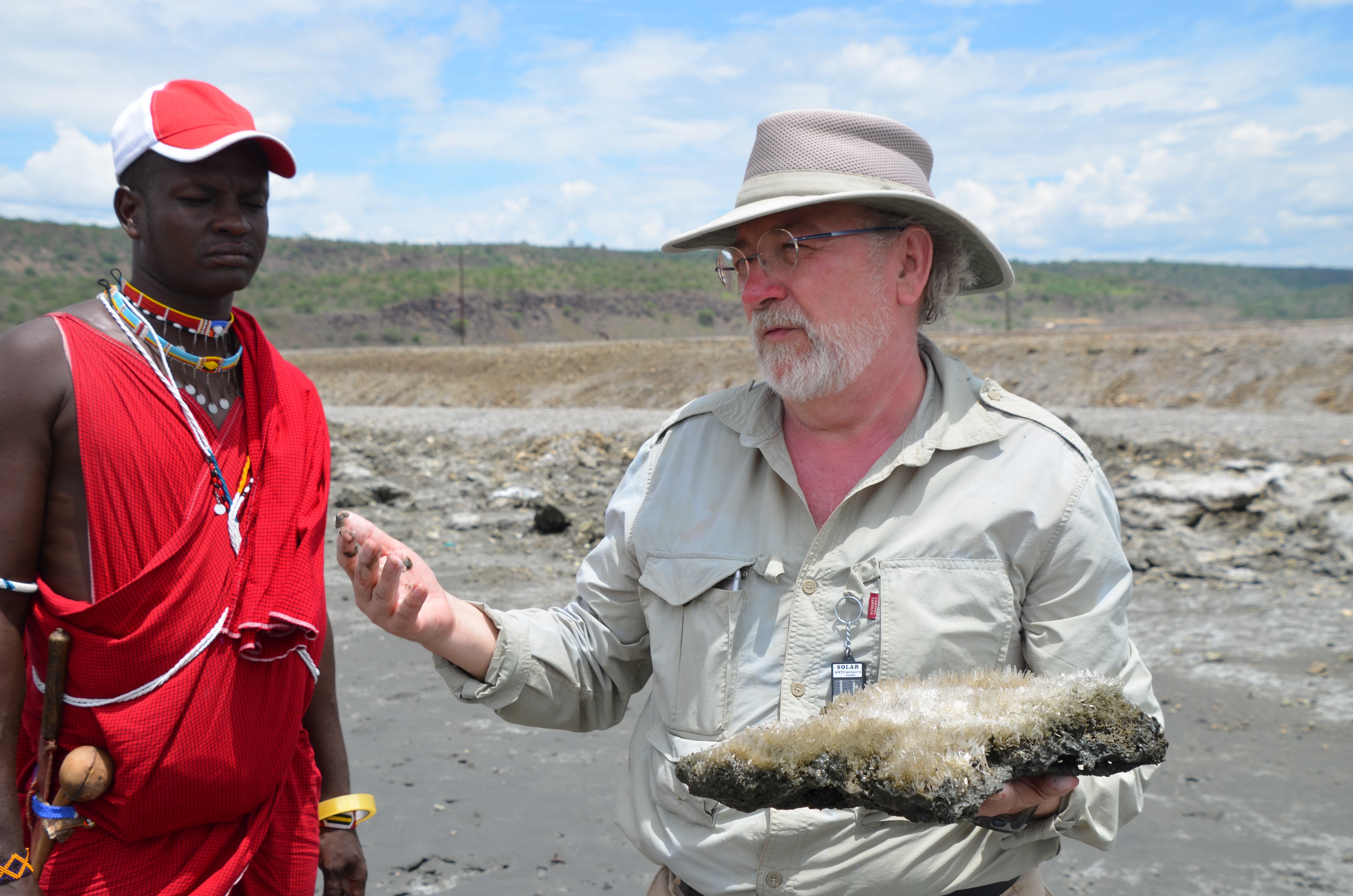 Geologist Juan Manuel García Ruiz and Maasai guide Lucas Sossoika on an expedition to Lake Magadi, Kenya.