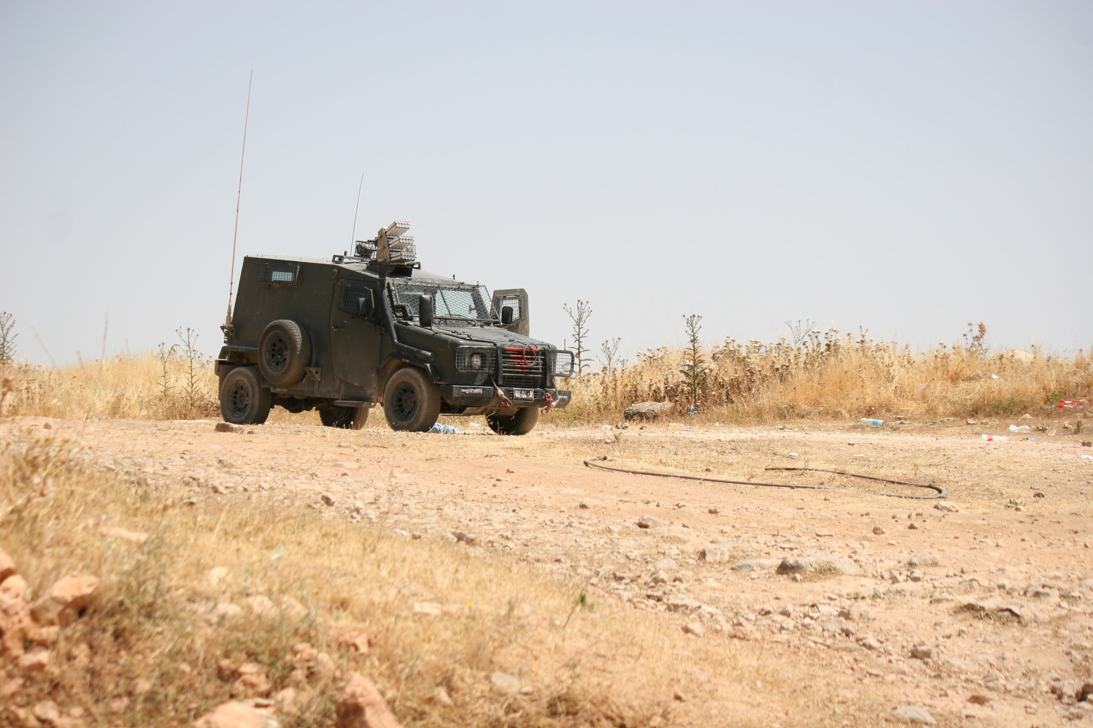 An Israeli military vehicle at the entrance to the Malajei Hashalom settlement, in the West Bank.