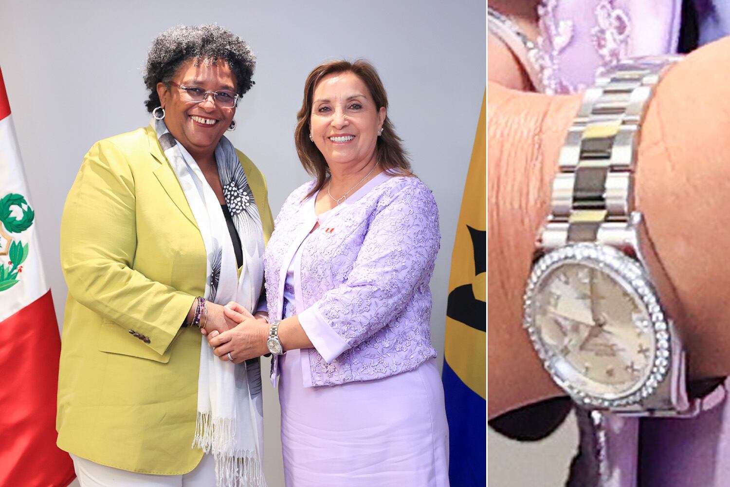 Dina Boluarte wears a Rolex Datejust with a diamond bezel during a meeting with Barbados Prime Minister Mia Mottley on November 3, 2023.