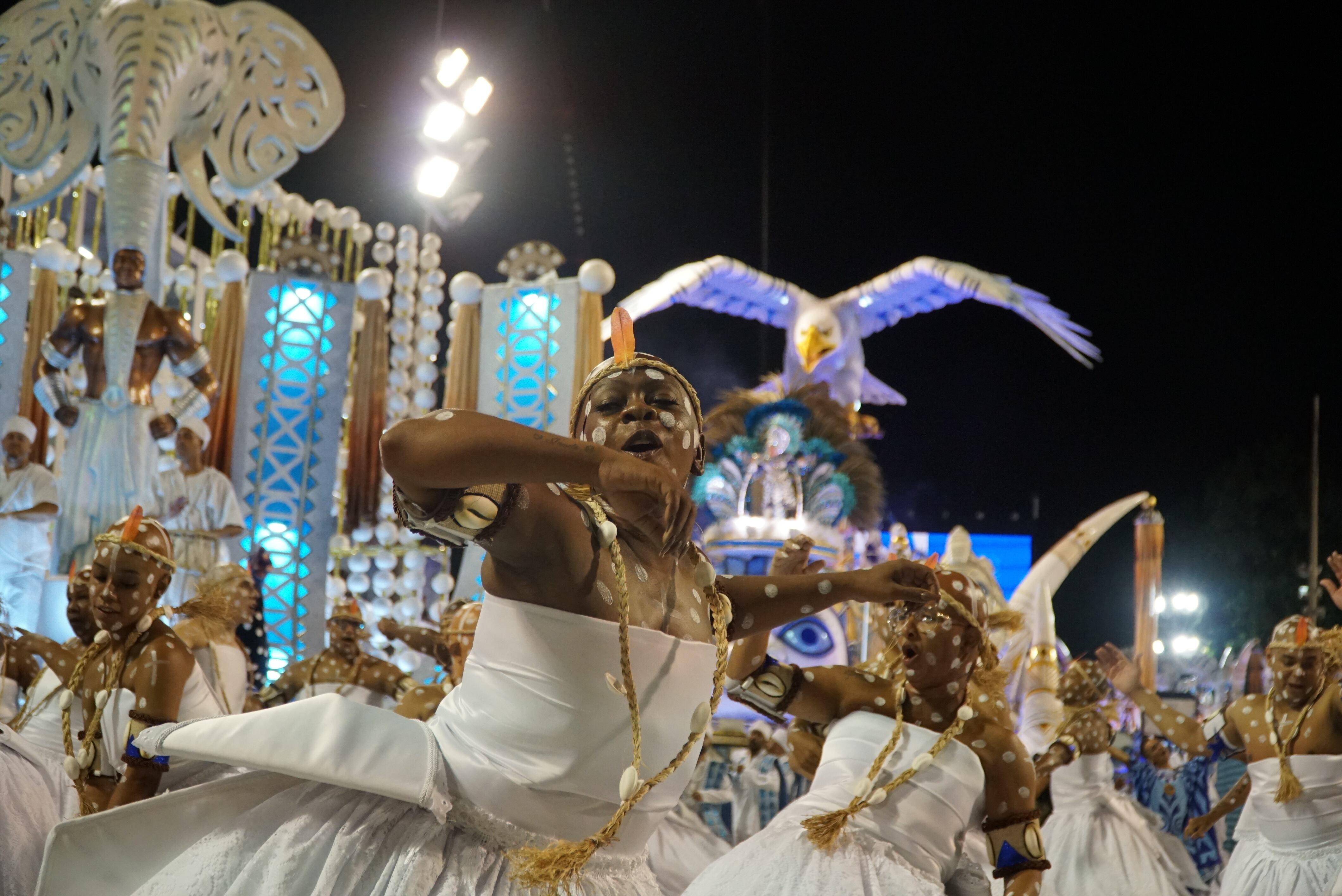 A group of dancers parade during Carnival, along the sambadrome in Rio de Janeiro, Brazil. 