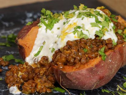 Spiced lentils with sweet potato and yogurt.