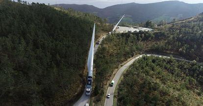 Parts of a wind turbine are transported in the Spanish region of Asturias.