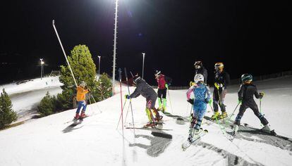 Night skiing on the slopes in the Masella ski resort.