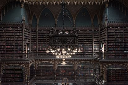 The main hall of the Real Gabinete Português de Leitura, a library in the city of Rio de Janeiro, Brazil.