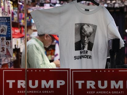 Merchandise for Republican presidential candidate and former U.S. President Donald Trump hangs displayed for sale inside Trump Tower in New York City.