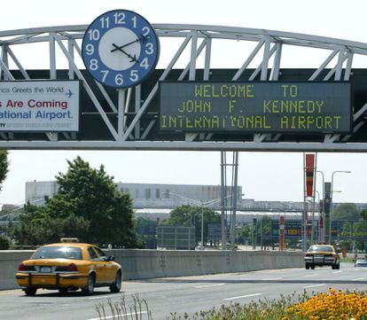 A clock at the entrance to JFK Airport in New York.