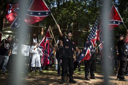 Members of the Ku Klux Klan, which the US has designated a terrorist group, during the Unite the Right rally in Charlottesville in 2017.