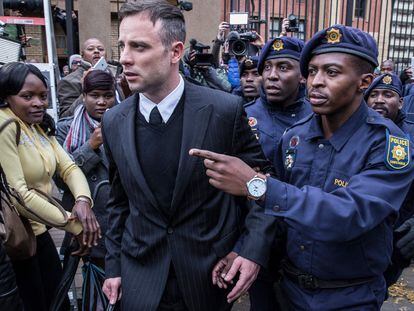 South African Paralympian Oscar Pistorius leaves the high court in Pretoria, on June 14, 2016.