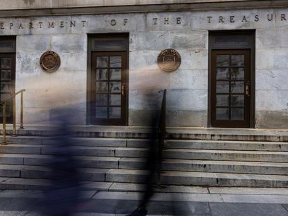 The exterior of the U.S. Department of Treasury building is seen on March 13, 2023, in Washington, DC.