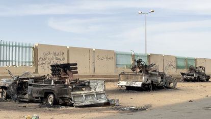 The remnants of Rapid Support Forces paramilitary militia vehicles after a clash with Sudan's regular army in Khartoum on April 18.