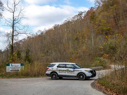 A sheriff's vehicle blocks the area where a rescue operation is underway at a collapsed coal preparation plant in Martin County, Ky., Nov. 1, 2023.