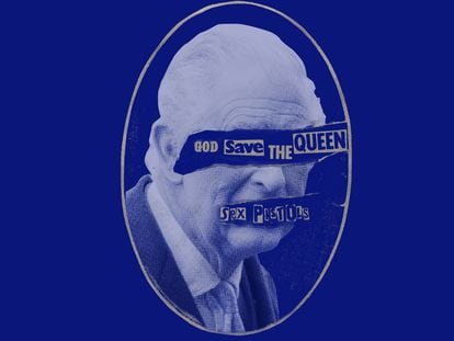 Charles III in an image that superimposes his face onto the controversial cover of the Sex Pistols’ single 'God Save the Queen'. The cover typifies the long shadow cast by Elizabeth II, whose iconic status the new king will have to live up to.