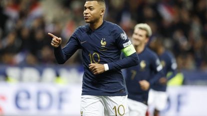 Kylian Mbappe celebrates after scoring a goal during a match between France and Gibraltar in Nice, France, November 18 2023.