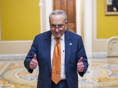 Senate Majority Leader Chuck Schumer gives a thumbs-up after the Senate passed a stopgap measure to fund the government in the US Capitol in Washington, pn Sept. 30, 2023.