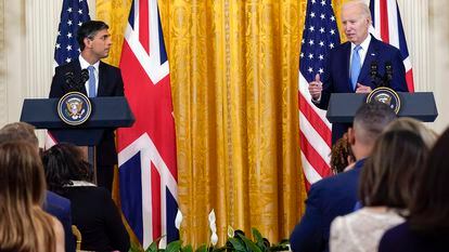President Joe Biden speaks during a news conference with British Prime Minister Rishi Sunak in the East Room of the White House in Washington, on June 8, 2023.