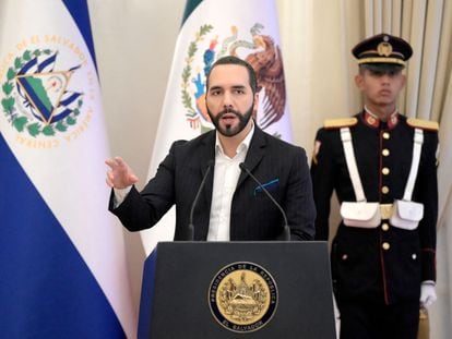 Salvadoran President Nayib Bukele speaks during a press conference in San Salvador on May 6, 2022.