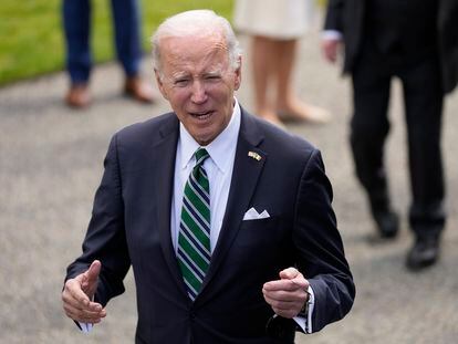 President Joe Biden talks with reporters after meeting with Irish President Michael Higgins at Aras an Uachtarain, the presidential residence, on April 13, 2023, in Dublin, Ireland.