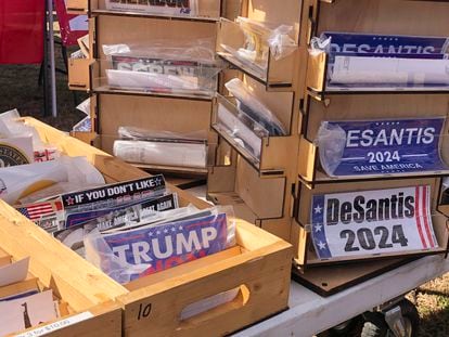 Bumper stickers supporting Florida Governor Ron DeSantis on sale at former President Donald Trump's rally in Conroe, Texas, on January 29, 2022.