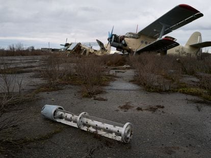 The remains of a cluster bomb in January at Kherson airport in southern Ukraine.