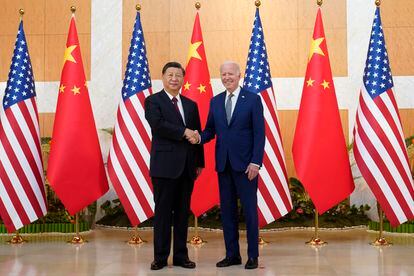 US President Joe Biden shakes hands with his Chinese counterpart Xi Jinping before their meeting on the sidelines of the G20 summit in Bali, Indonesia.
