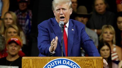 Former U.S. President and Republican presidential candidate Donald Trump speaks at a South Dakota Republican party rally in Rapid City, South Dakota, U.S. September 8, 2023.