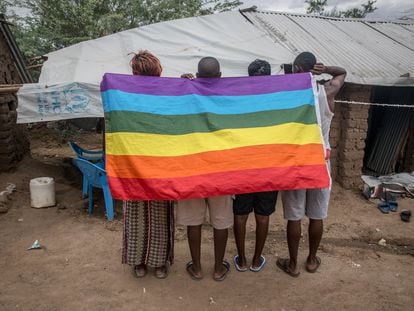 Ugandan LGBTQ refugees pose in a protected area of the Kakuma refugee camp in northwestern Kenya in October 2018.