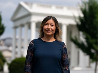 Julie Chavez Rodriguez in front of the White House, June 2021.