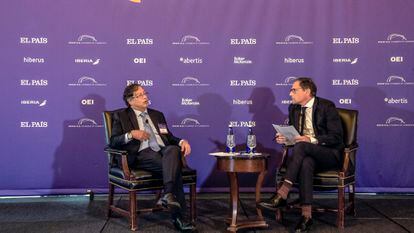 Gustavo Petro and Jan Martínez Ahrens, director of EL PAÍS América, in a forum titled ‘Latin America, the USA and Spain in the global economy,’ held this Wednesday in New York City