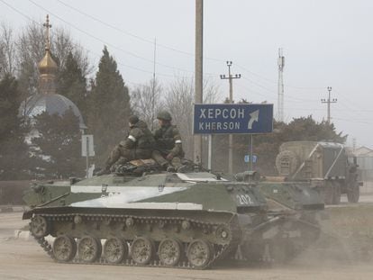 A Russian armored vehicle in the town of Armyansk in northern Crimea on Thursday.