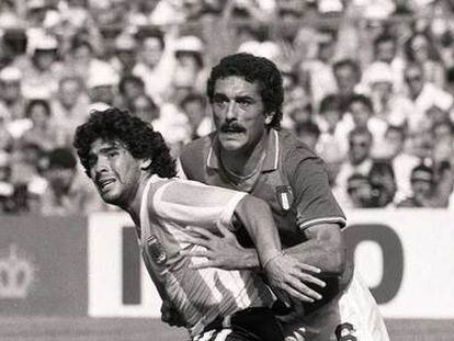 Italy's Claudio Gentile marking Maradona during the Italy-Argentina (2-1) match in Sarrià, Spain on June 29, 1982.