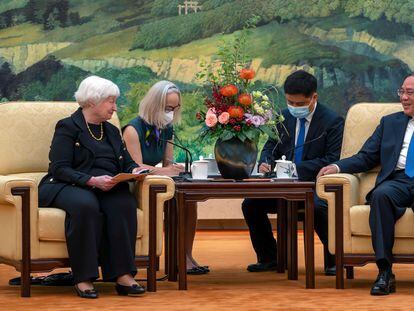 Chinese Premier Li Qiang, right, speaks as Treasury Secretary Janet Yellen, left, listens during a meeting at the Great Hall of the People in Beijing, China, on July 7, 2023.
