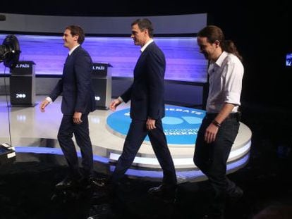 Rivera, Sánchez and Iglesias arriving at the debate.