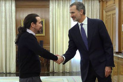 King Felipe VI during an audience with Pablo Iglesias of Podemos.