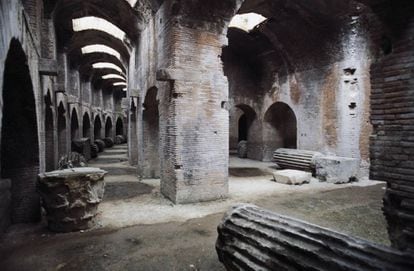 Underground corridors beneath the Flavian Amphitheater in Pozzuoli, where the Romans quarried the gravel they used to make concrete.