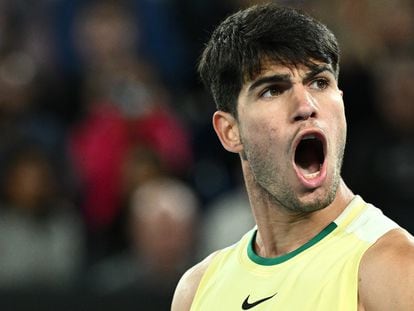 Carlos Alcaraz of Spain celebrates winning his 4th round match against Miomir Kecmanovic of Serbia at the 2024 Australian Open in Melbourne, Australia, 22 January 2024.