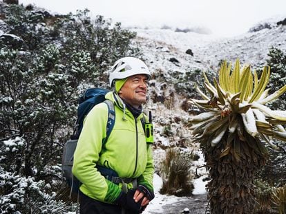 Jorge Luis Ceballos during an ascent of the Conejeras glacier. On the right is an espeletia plant, commonly known as ‘frailejones.’