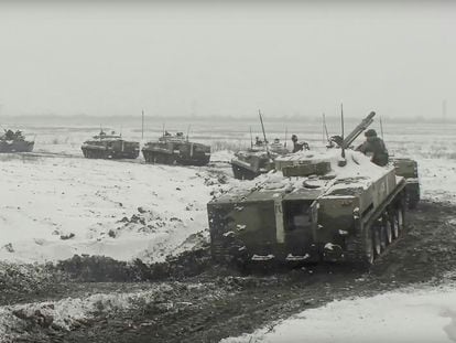 Russian military vehicles on manoeuvres in the region of Rostov on January 26, in an image supplied by the Russian Defense Ministry.