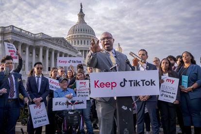 Representative Jamaal Bowman leads a rally to defend TikTok at the Capitol in Washington, on March 22, 2023.