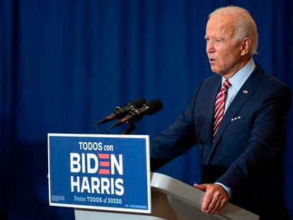 Then-Democratic presidential candidate Joe Biden speaks at a Hispanic Heritage Month event, on Sept. 15, 2020, at Osceola Heritage Park in Kissimmee, Florida.