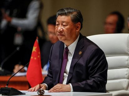 Chinese President Xi Jinping attends the plenary session of the 2023 BRICS Summit at the Sandton Convention Centre in Johannesburg, South Africa on August 23, 2023.