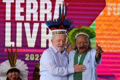 Brazilian President Luiz Inácio Lula da Silva, left, embraces Cacique Caiapo, Raoni Metuktire, in Brasilia, Brazil, on April 28, 2023.