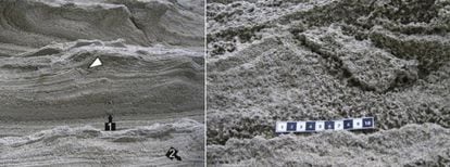 Left, the Catalan Bay dune. Right, a close up of the footprint found there.