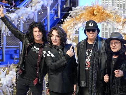 Kiss members Tommy Thayer, Paul Stanley, Gene Simmons y Eric Singer attend lighting ceremony at the Empire State Building in New York. November 30, 2023.