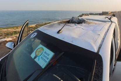 A view of a vehicle where employees from the World Central Kitchen (WCK) were killed in an Israeli airstrike.