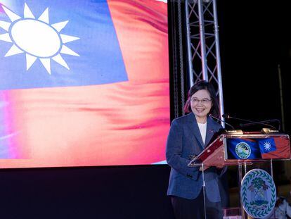 Taiwanese President Tsai Ing-wen delivers a speech as she attends a banquet hosted by Belizean Prime Minister John Briceno, in Belize, in this handout picture released on April 4, 2023.