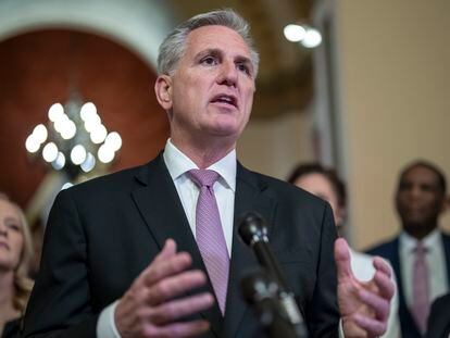 House Speaker Kevin McCarthy talks to reporters at the Capitol in Washington, March 24, 2023.