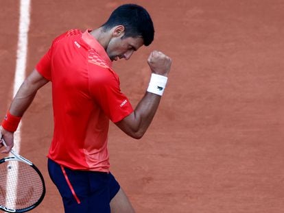 Serbia's Novak Djokovic reacts during his final match of the French Open tennis tournament against Norway's Casper Ruud at the Roland Garros stadium in Paris, Sunday, June 11, 2023.